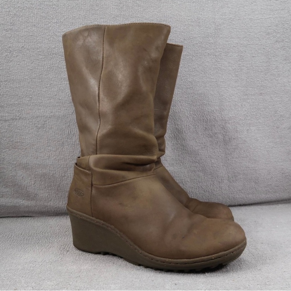 Keen Boots Akita Womens 8.5 Brown Leather Pull On Wedge Knee High Round Toe